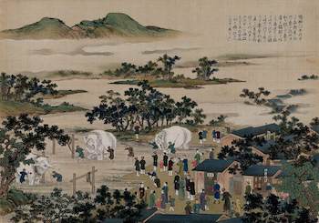 ; Chinese People Washing Three Large, White Elephants