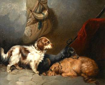 Armfield, George, 1810-1893; Spaniels in a Barn Interior