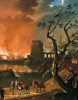 Chambers, Thomas, active 1849-1859; A Burning Town by Moonlight with Travellers