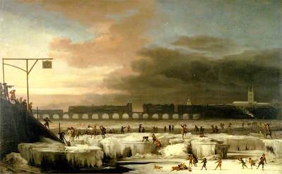 Hondius, Abraham, c.1625-1691; The Frozen Thames, Looking Eastwards towards Old London Bridge, London